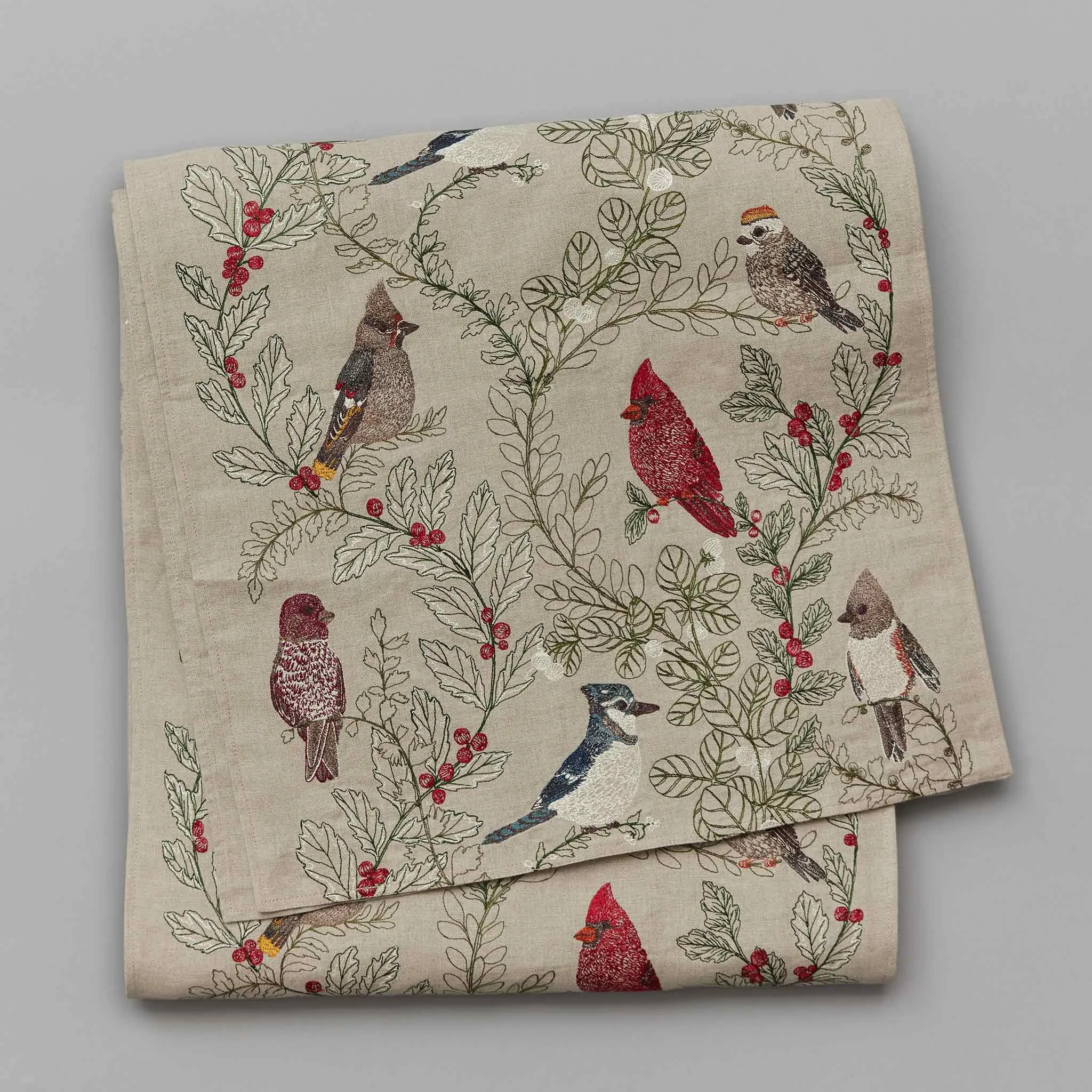 Winter Birds Embroidered Linen Table Runner