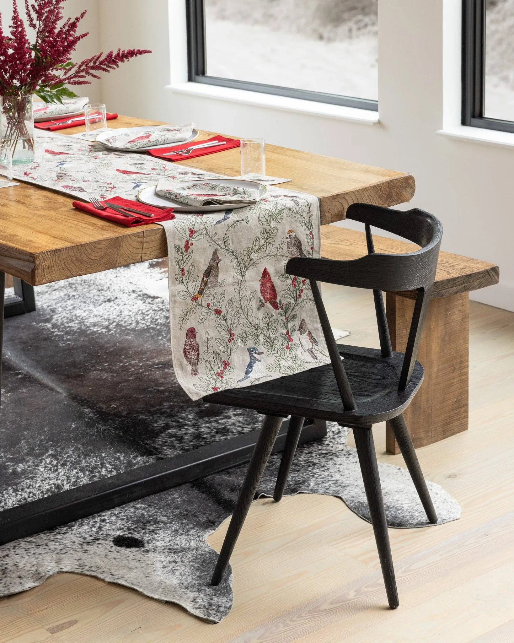 Winter Birds Embroidered Linen Table Runner