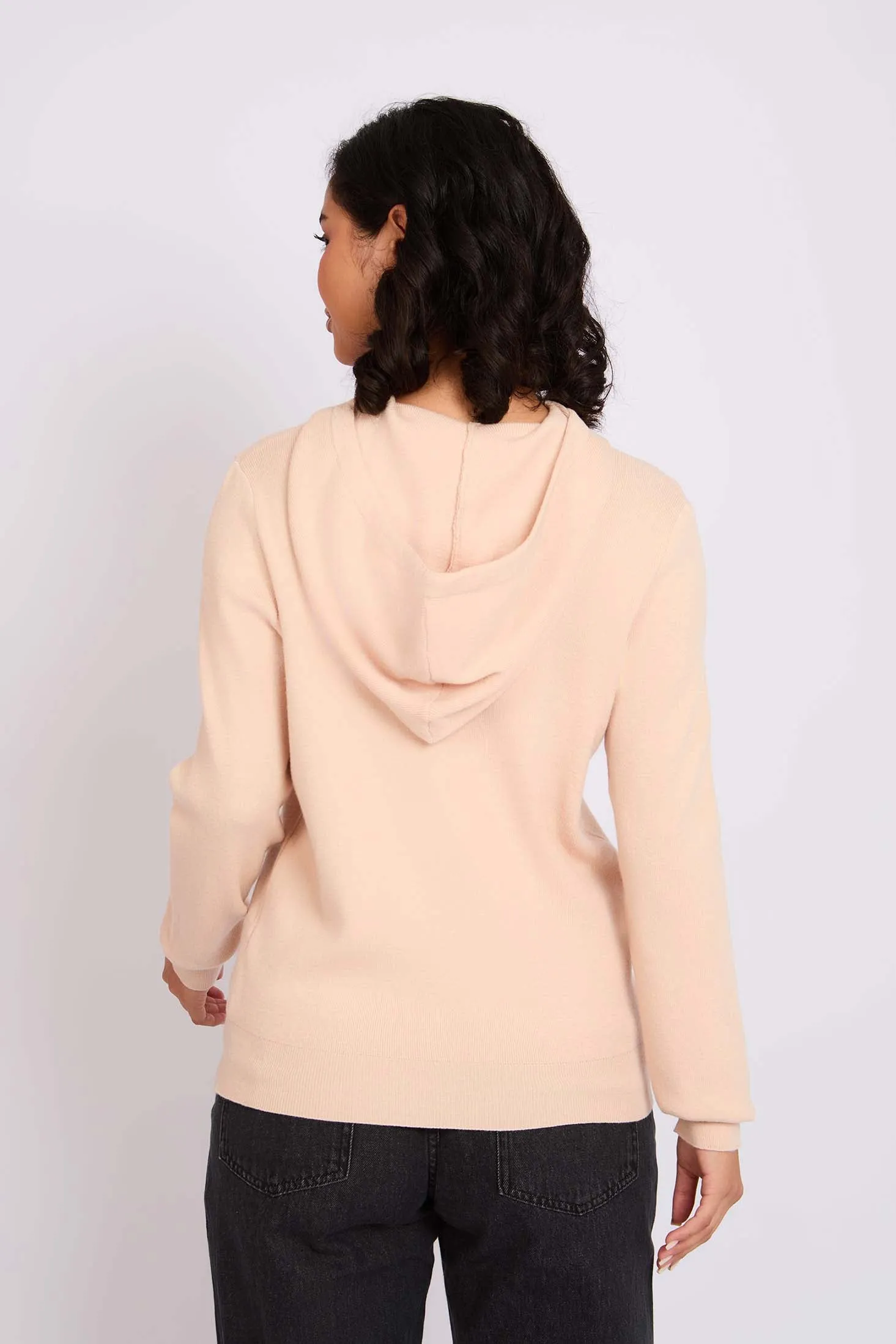 Women Pullover Flat Knit Hoodie Beige
