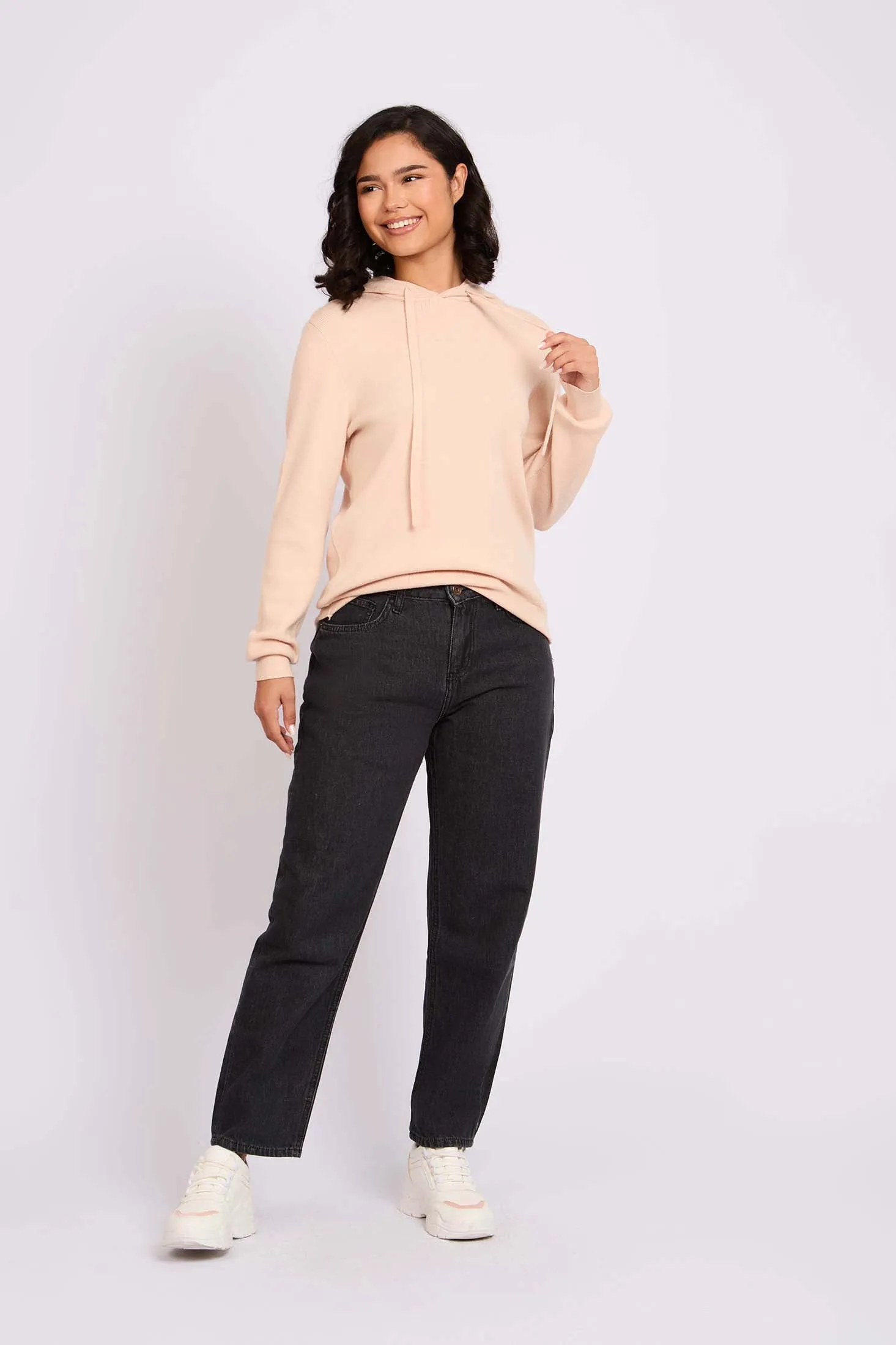 Women Pullover Flat Knit Hoodie Beige