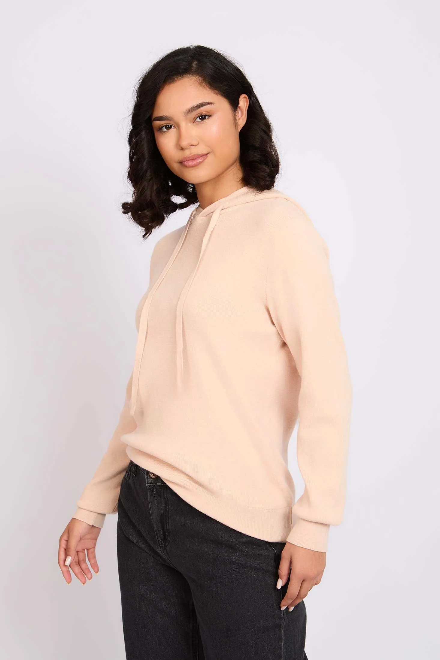 Women Pullover Flat Knit Hoodie Beige