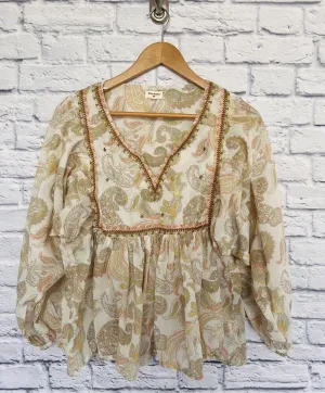 WORLD MARKET Paisley Top Sz S/M Embroidered Pastel Lightweight Boho Peasant