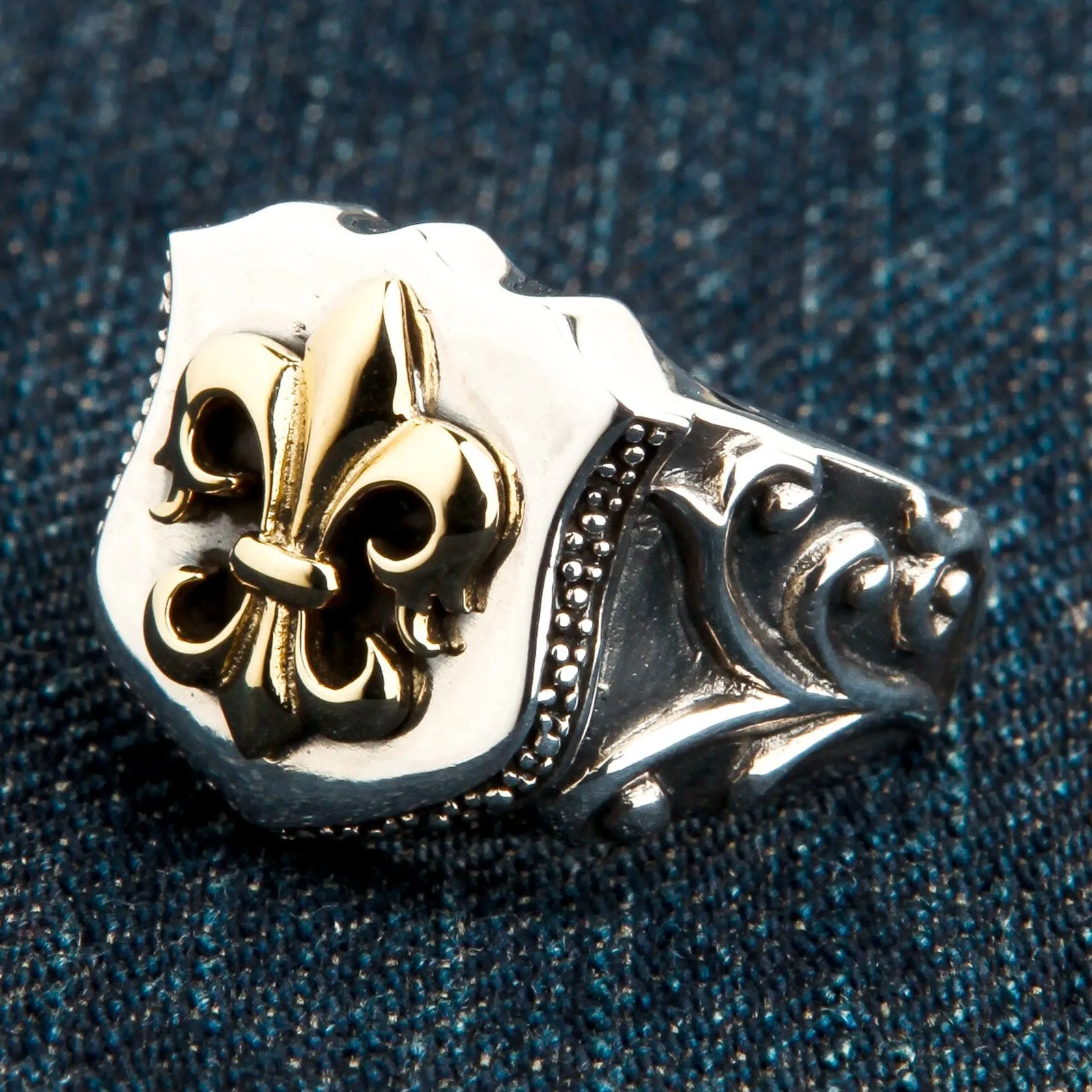 Yellow Gold Fleur De Lis Sterling Silver Medieval Ring