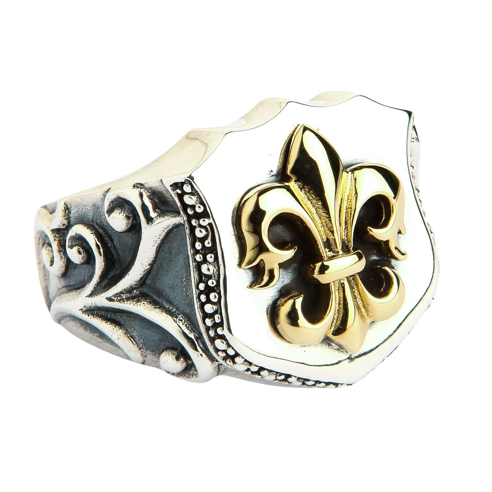 Yellow Gold Fleur De Lis Sterling Silver Medieval Ring