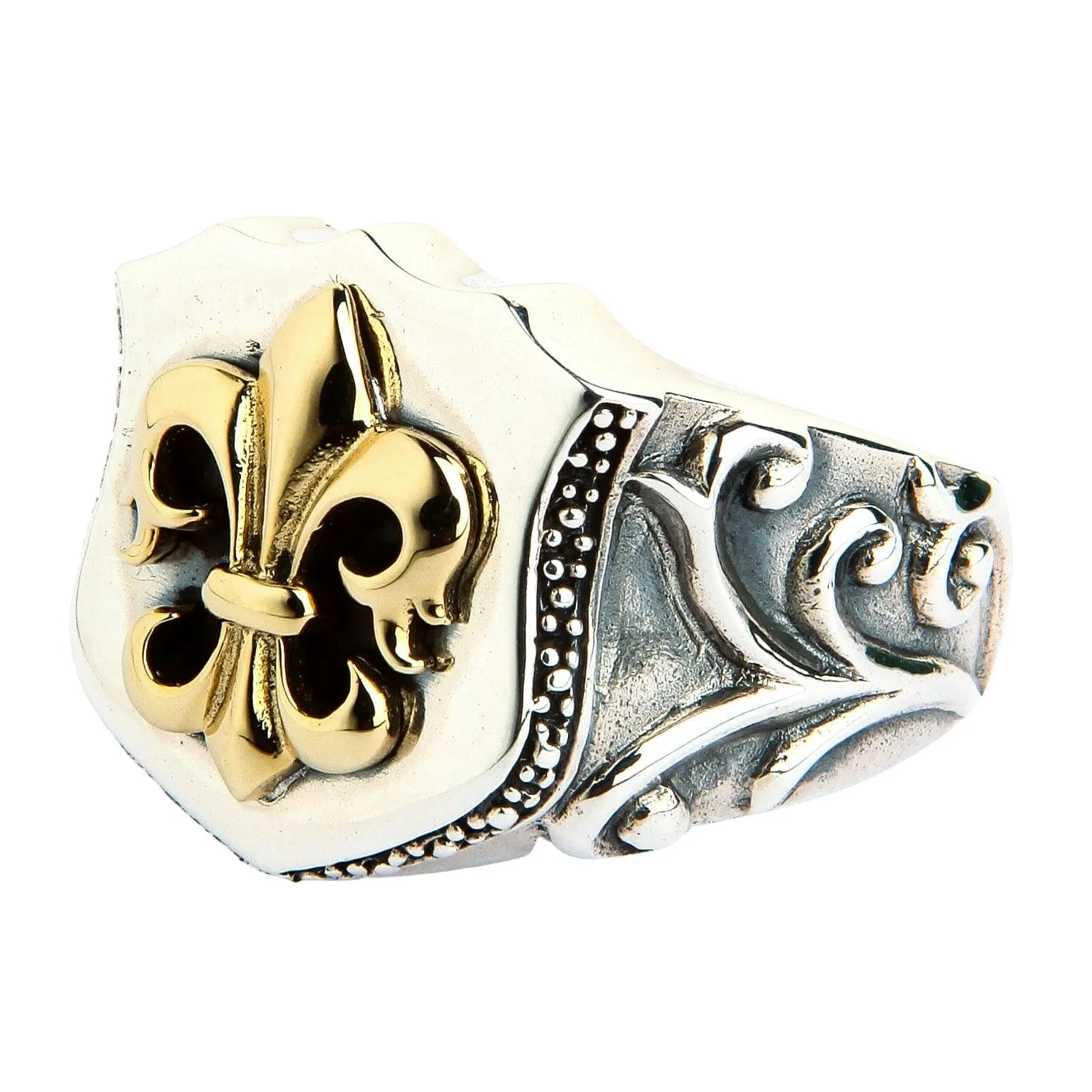 Yellow Gold Fleur De Lis Sterling Silver Medieval Ring
