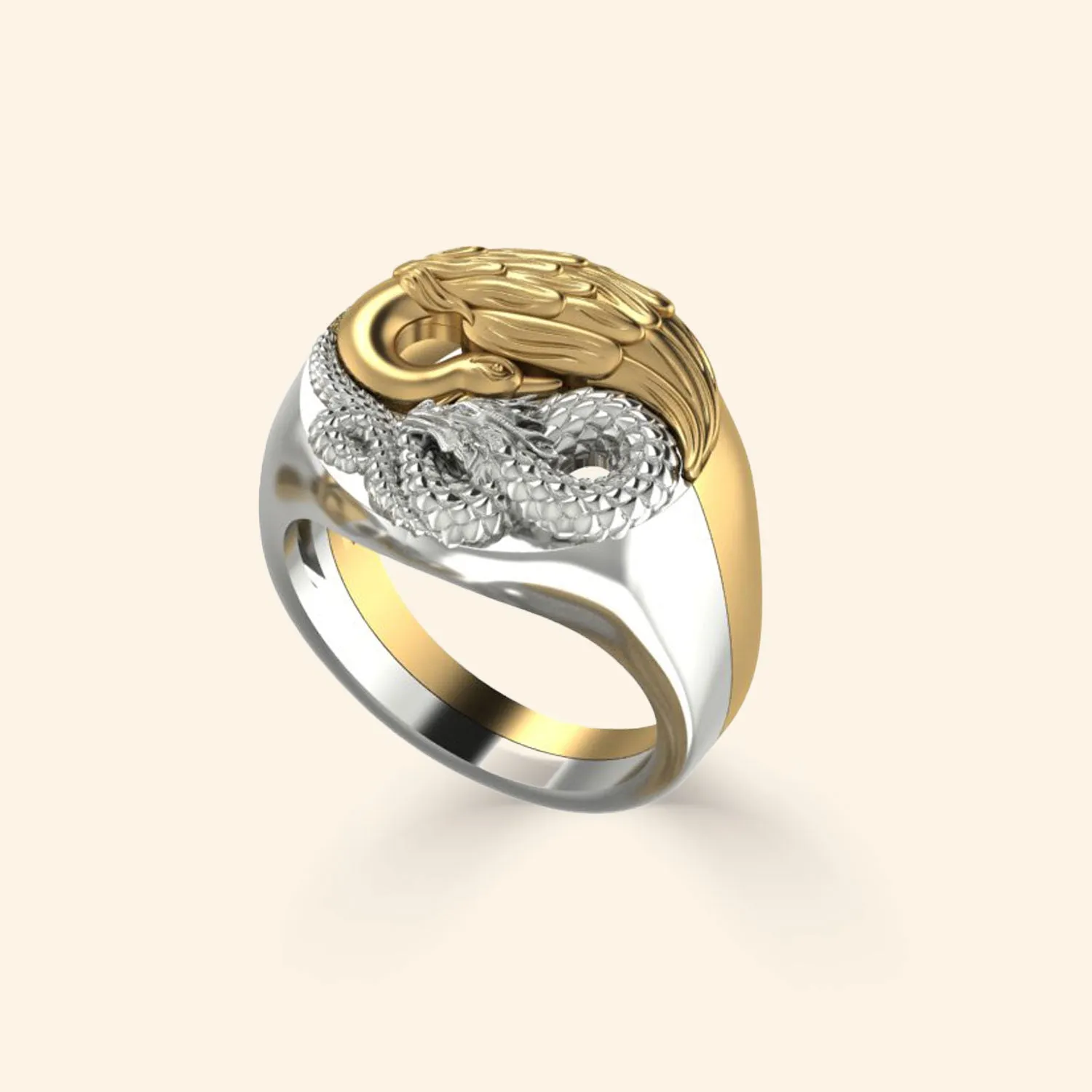 Yin Yang Dragon & Phoenix Ring Set - Sterling Silver