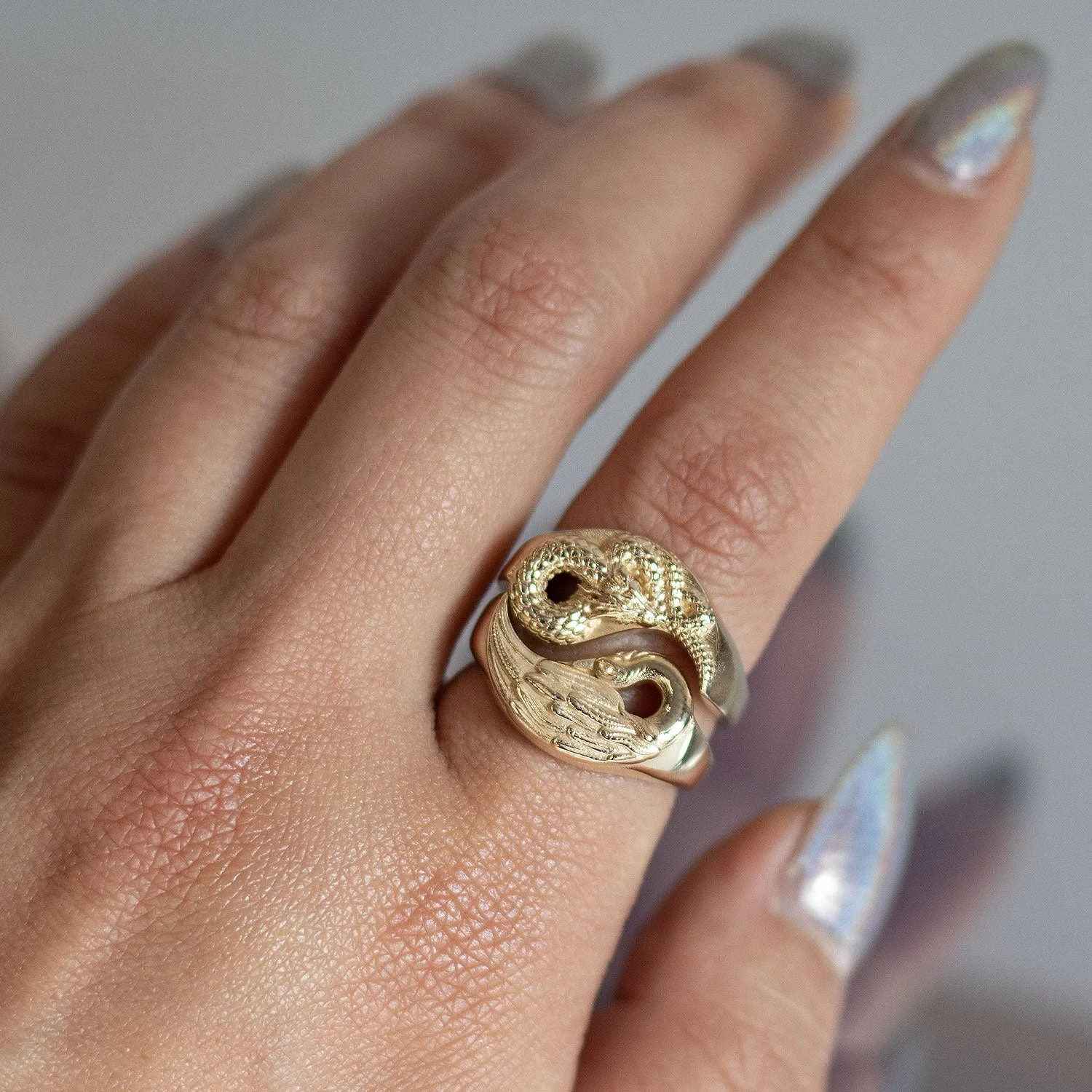 Yin Yang Dragon & Phoenix Ring Set - Sterling Silver