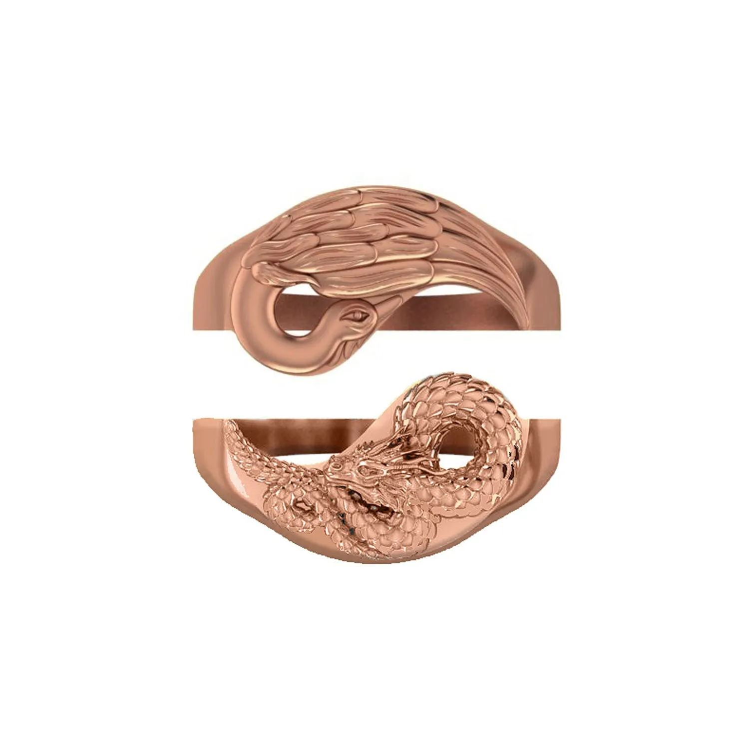 Yin Yang Dragon   Phoenix Ring Set - 14KT Gold