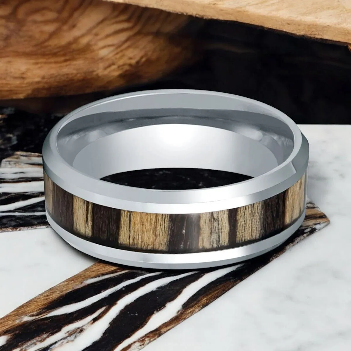 ZEBRINE | Silver Tungsten Ring, Zebra Wood Inlay, Beveled Edge