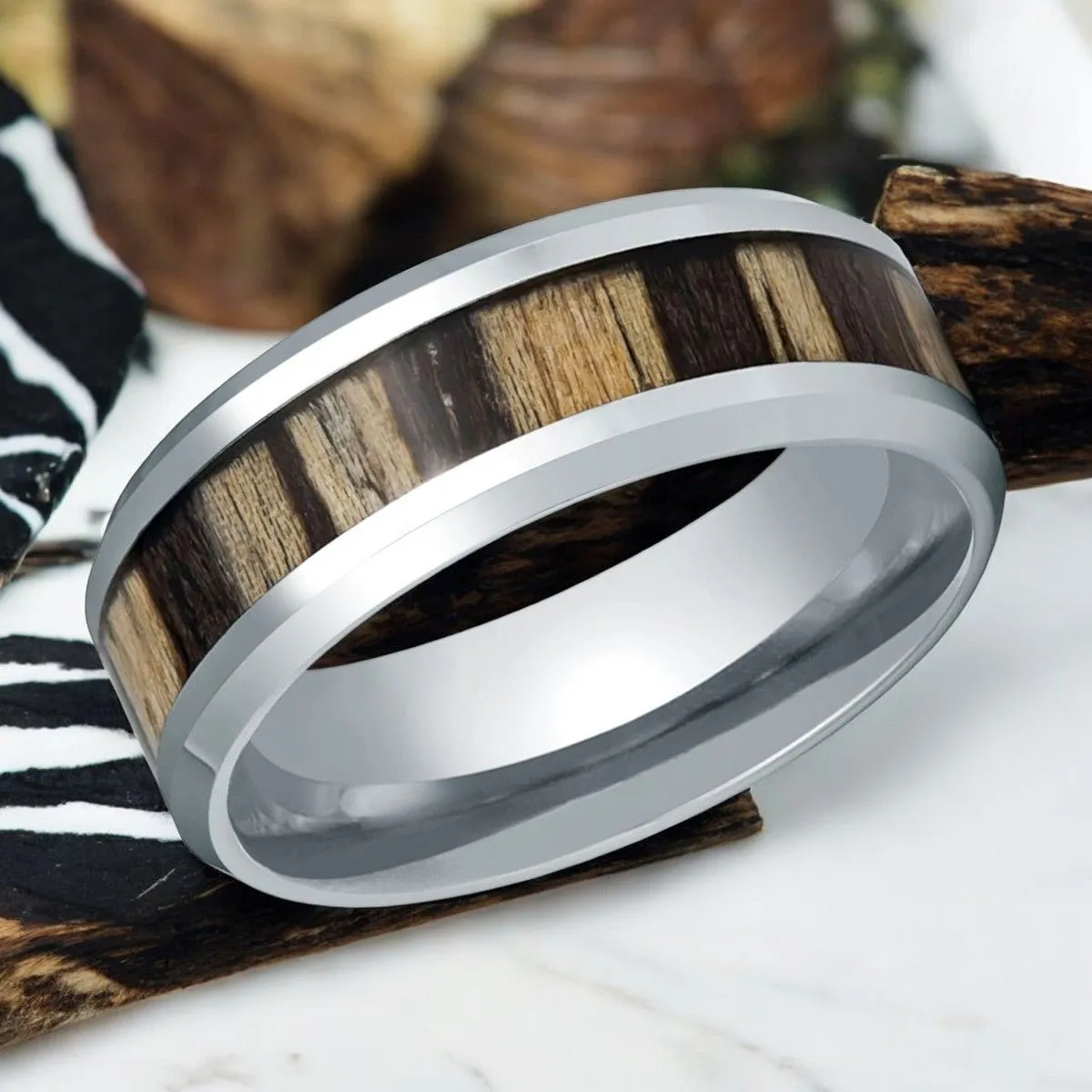 ZEBRINE | Silver Tungsten Ring, Zebra Wood Inlay, Beveled Edge