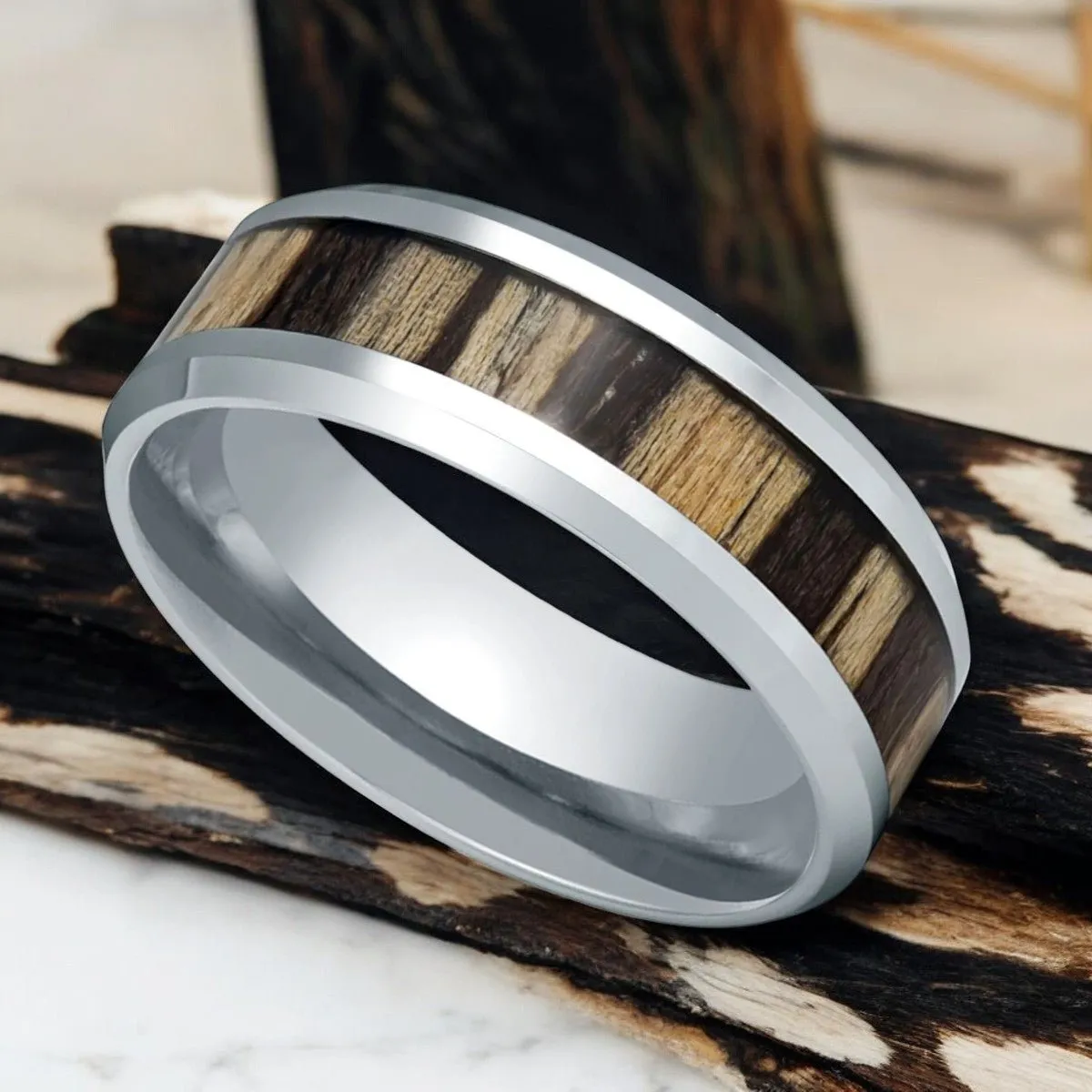 ZEBRINE | Silver Tungsten Ring, Zebra Wood Inlay, Beveled Edge